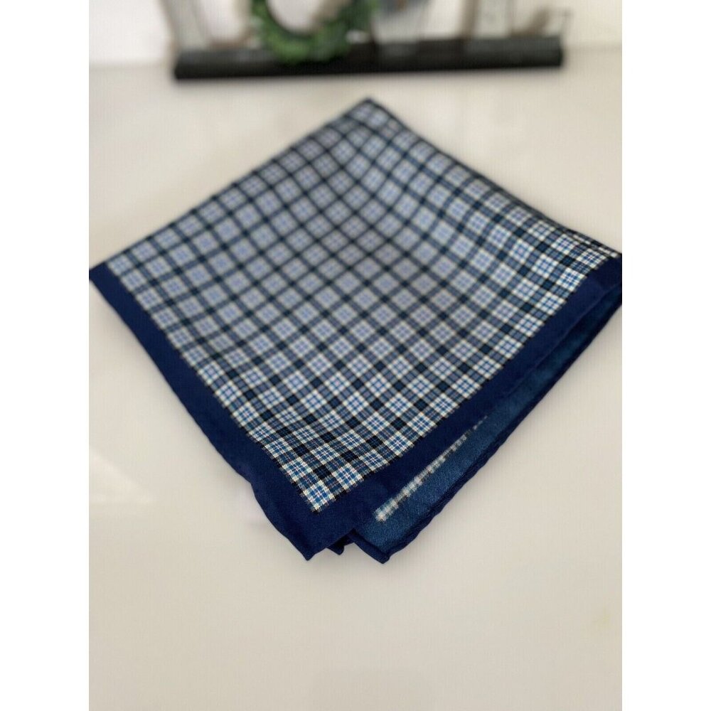 Jos A Bank Mens 14.5 X 14.5” Blue Tones Plaid 100% Silk Pocket Square New W Tags